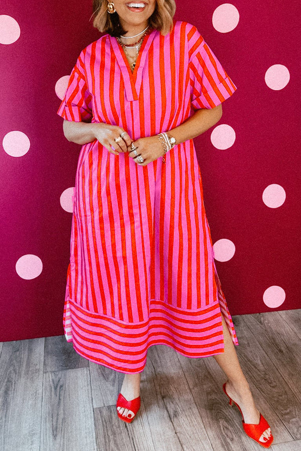 Stripe V Neck Cuffed Short Sleeve Split Midi Dress Women UK