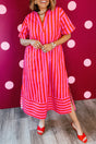 Red Stripe V Neck Cuffed Sleeve Relaxed Split Midi Dress