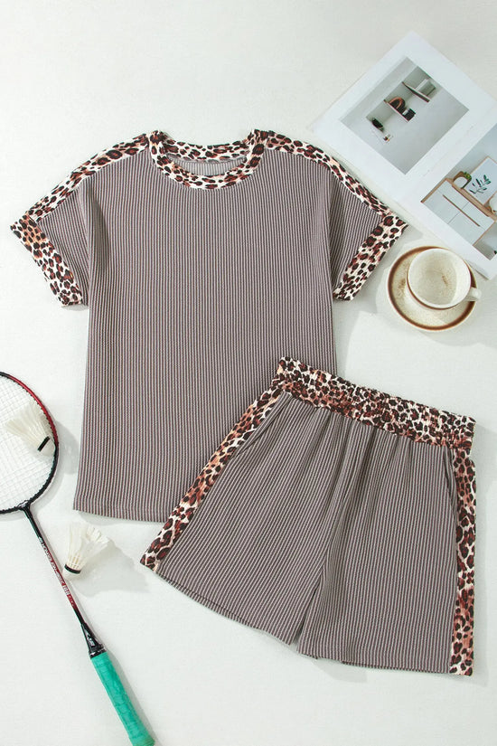 Leopard trim twist ribbed short set two piece outfit sets