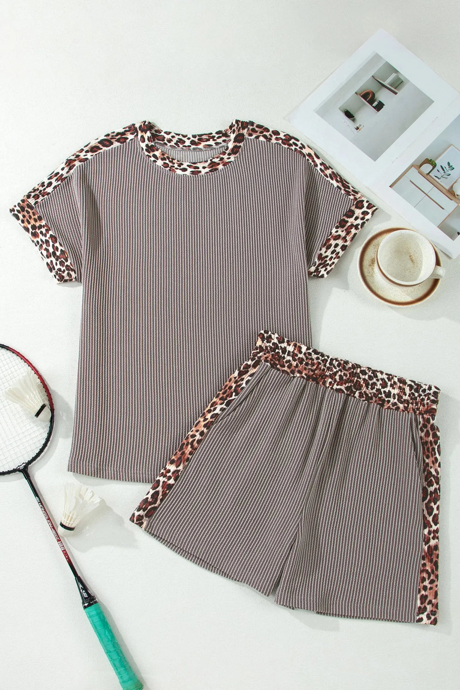 Leopard trim twist ribbed short set two piece outfit sets