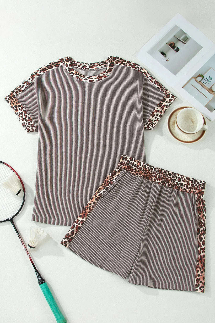 Leopard trim twist ribbed short set two piece outfit sets