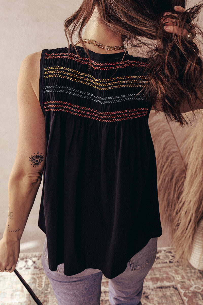 Black Colorful Shirred Yoke Notched V Neck Tank Top Women UK