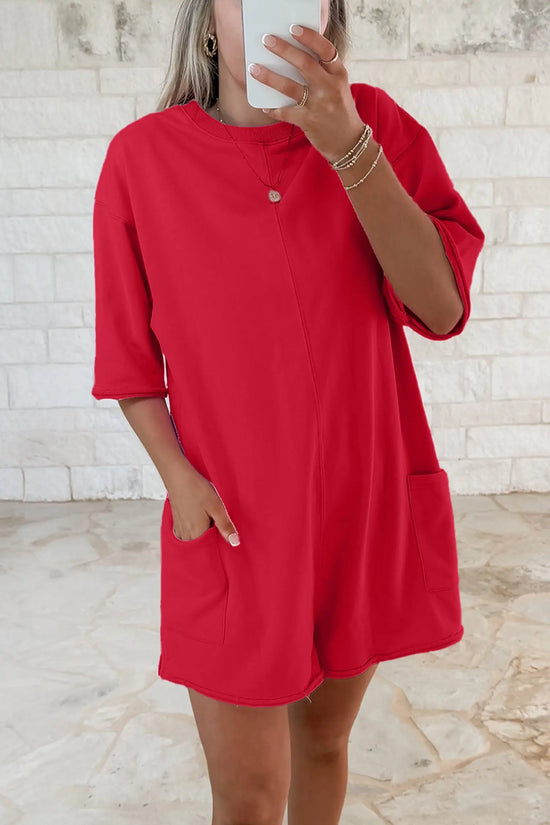 Raw edge half sleeve pocketed loose romper one-pieces
