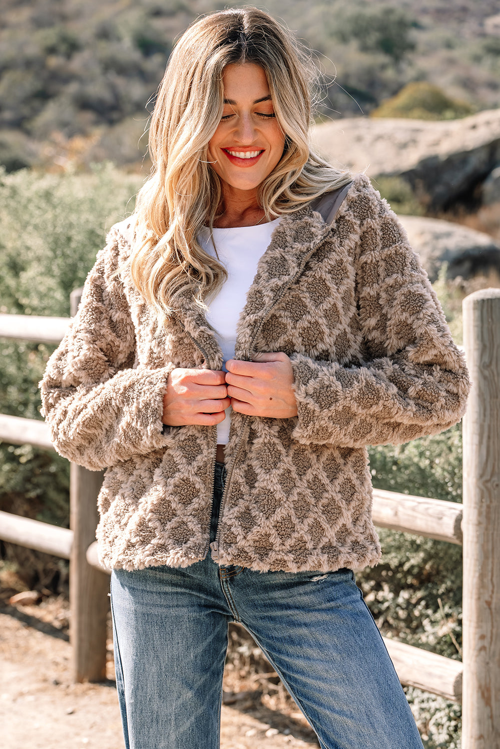 Camel Sherpa Fleece Jacket – Quilted Hooded Zip‑Up
