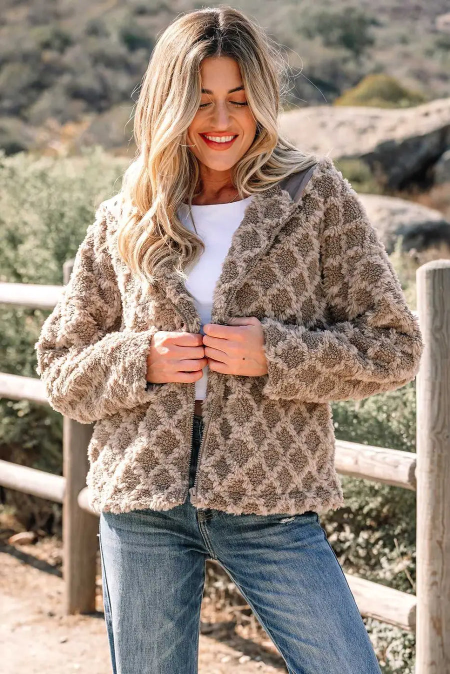Camel sherpa fleece quilted hooded zip up jacket