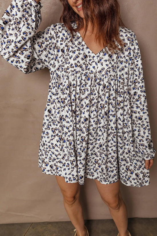Multicolour leopard print v neck button mini dress
