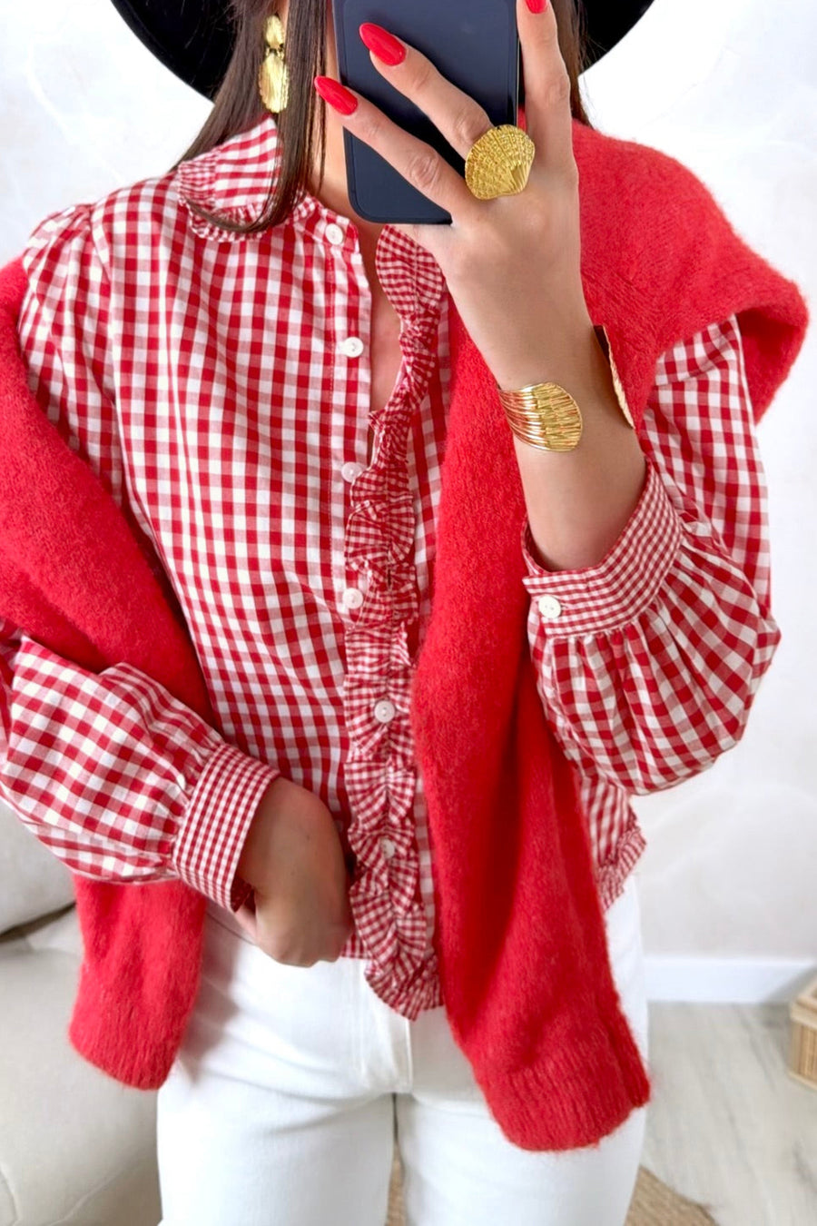Red plaid shirt tucked into high waist jeans — Fashionfitz UK