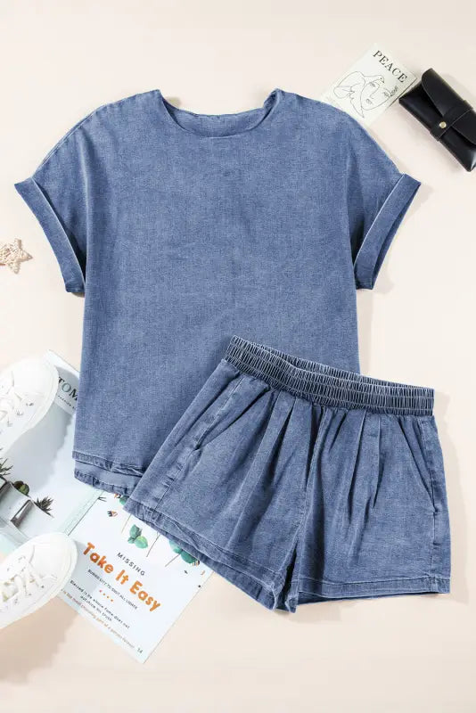 Elastic denim tee and shorts set - light blue / s / 72% cotton + 26% polyester + 2% elastane - two piece sets/short sets