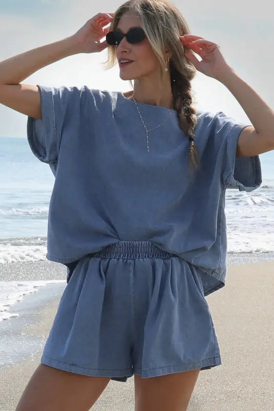 Elastic denim tee and shorts set - two piece sets/short sets