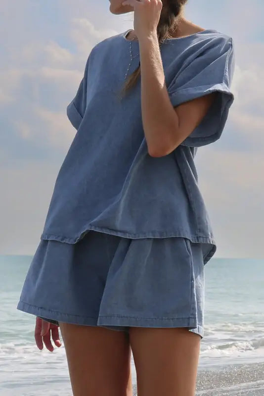 Elastic denim tee and shorts set - two piece sets/short sets