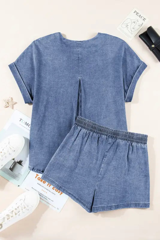 Elastic denim tee and shorts set - two piece sets/short sets