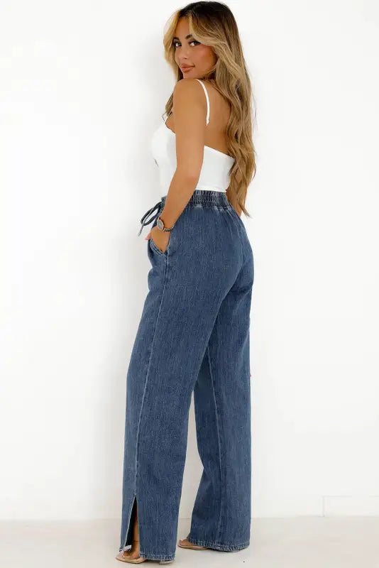 Elastic waist wide leg jeans