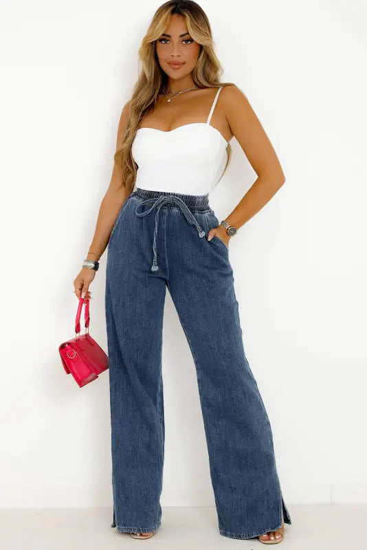 Elastic waist wide leg jeans