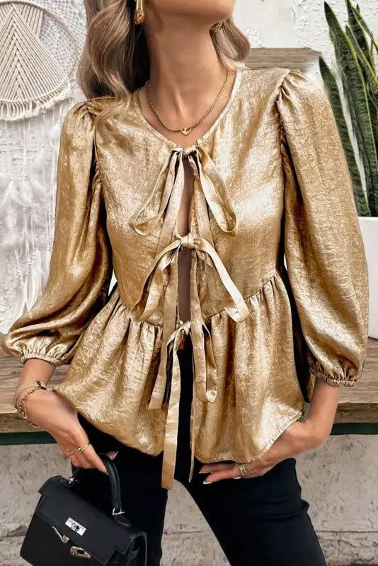 Gold bow tie puff sleeve ruffle blouse for women | fashionfitz