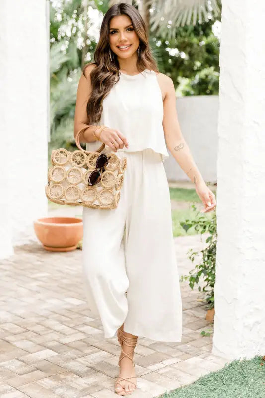 Apricot sleeveless ankle length wide leg jumpsuit - jumpsuits & rompers