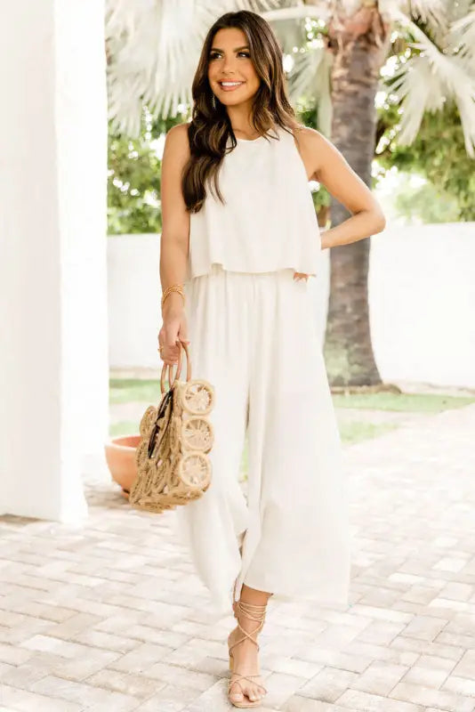 Apricot sleeveless ankle length wide leg jumpsuit - jumpsuits & rompers