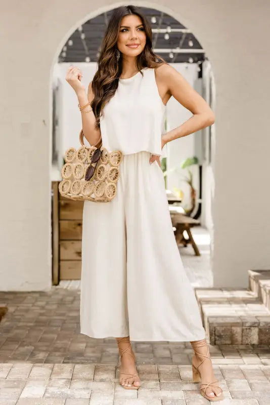 Apricot sleeveless ankle length wide leg jumpsuit - jumpsuits & rompers