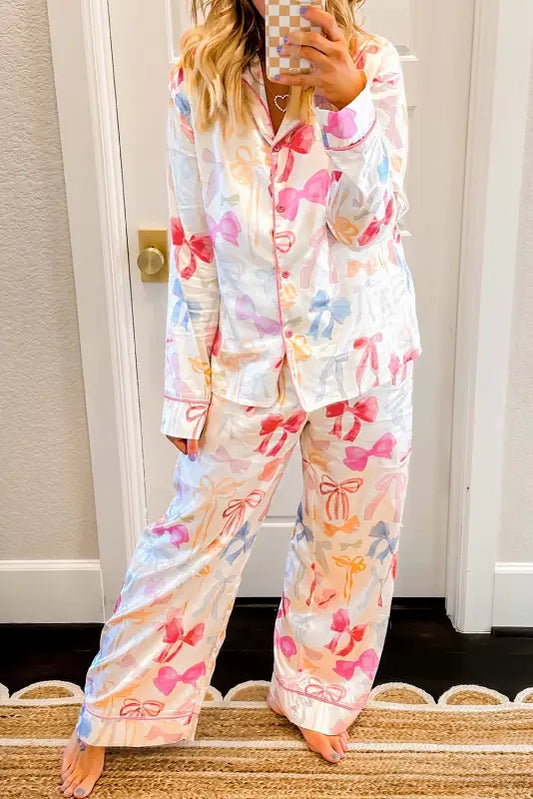 Elegant satin dreams pajama set | white bow knot print