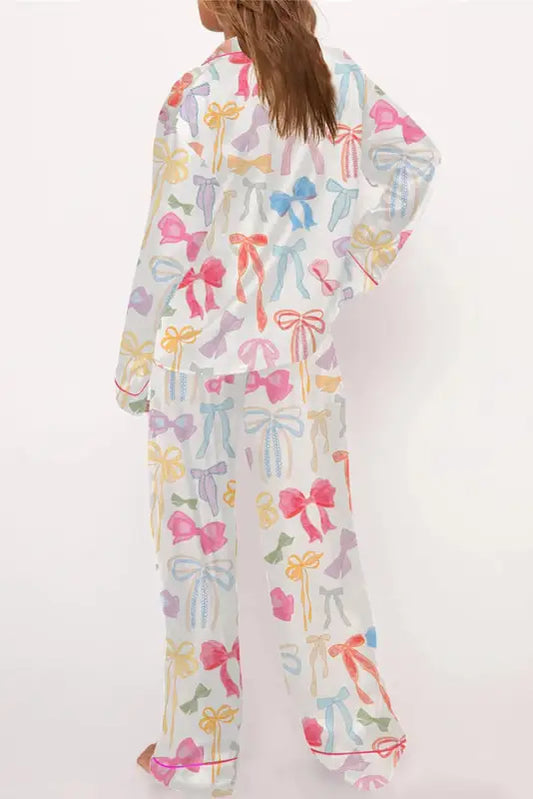 Elegant satin dreams pajama set | white bow knot print