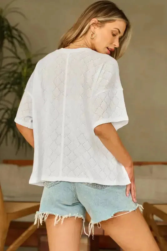 White V-Neck Knitted Flowy Blouse - Fashionfitz
