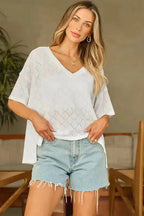 White V-Neck Knitted Flowy Blouse - Fashionfitz