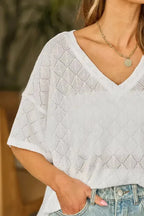 White V-Neck Knitted Flowy Blouse - Fashionfitz