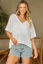 White V-Neck Knitted Flowy Blouse - Fashionfitz