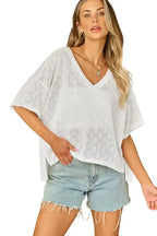 White V-Neck Knitted Flowy Blouse - Fashionfitz