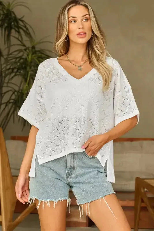 White V-Neck Knitted Flowy Blouse - Fashionfitz