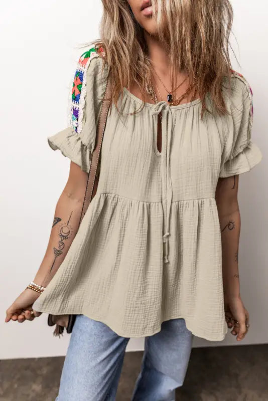 Embroidered bubble sleeve tied neck blouse - tops/blouses & shirts