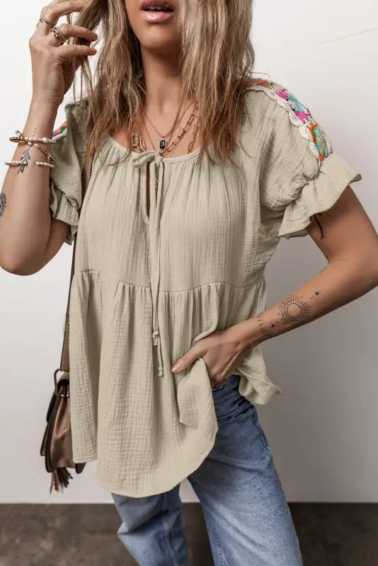 Embroidered bubble sleeve tied neck blouse - smoke gray / s / 100% cotton - tops/blouses & shirts