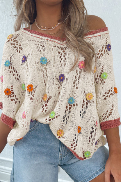 Fashionfitz embroidered crochet sweater with colorful floral design and relaxed fit for casual style