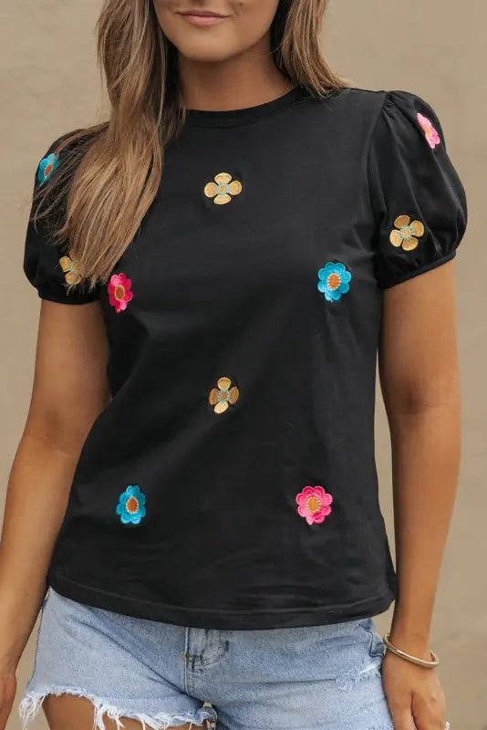 Embroidered flower puff sleeve tee - t-shirts