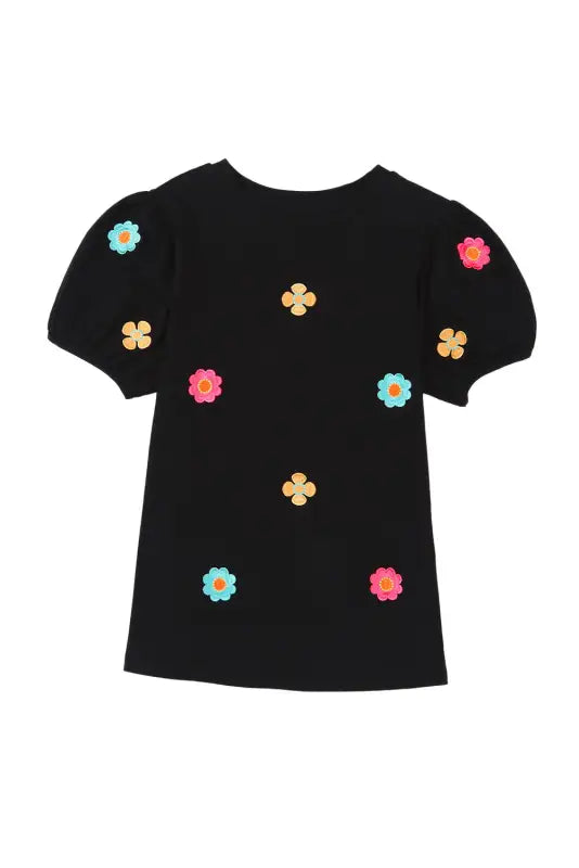 Embroidered flower puff sleeve tee - t-shirts