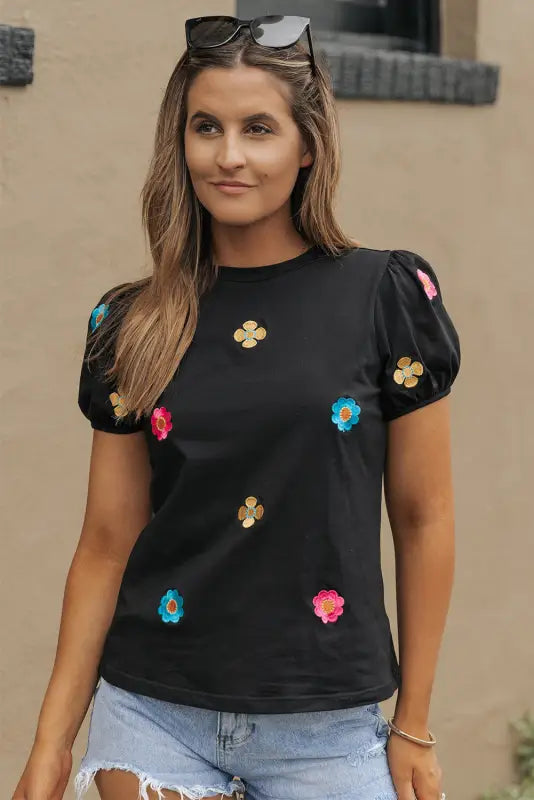 Embroidered flower puff sleeve tee - black / s / 95% cotton + 5% elastane - t-shirts