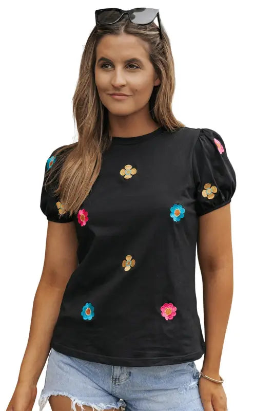 Embroidered flower puff sleeve tee - t-shirts