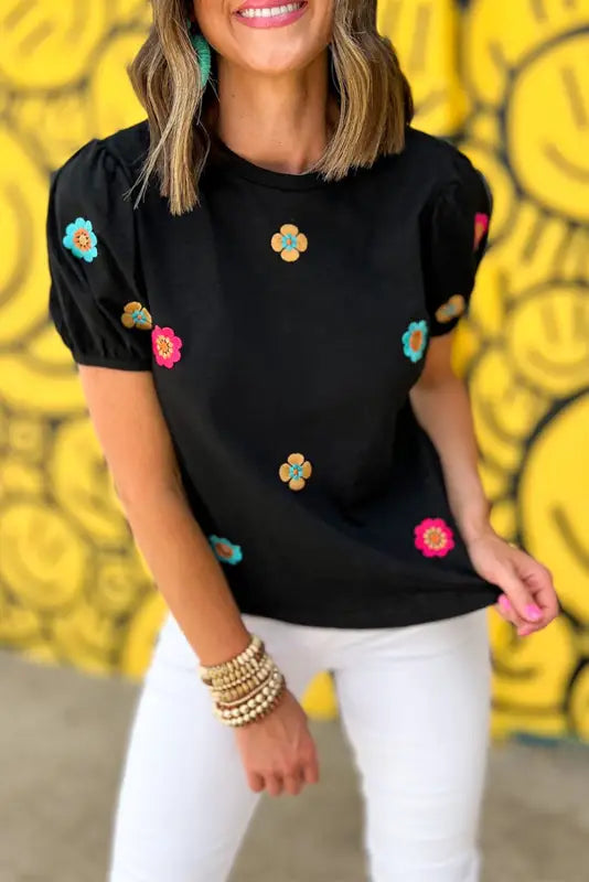 Embroidered flower puff sleeve tee - t-shirts