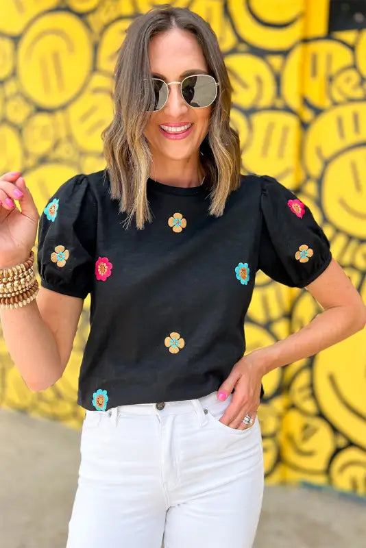 Embroidered flower puff sleeve tee - t-shirts