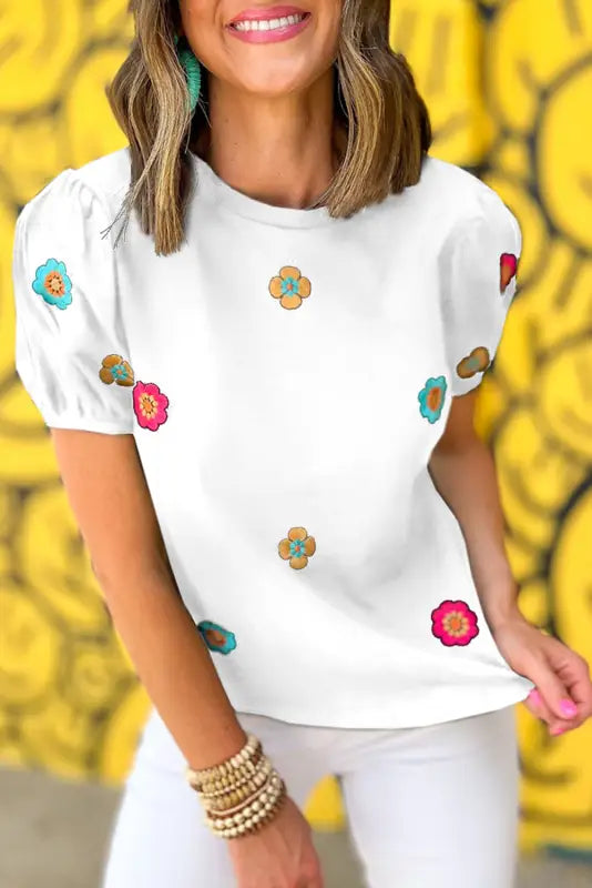 Embroidered flower puff sleeve tee - white / s / 95% cotton + 5% elastane - t-shirts