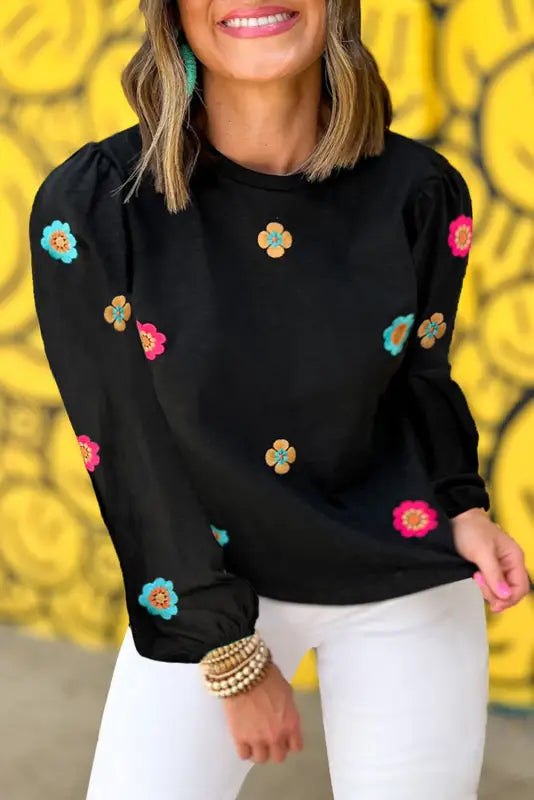 Embroidered flower puff sleeve tee - t-shirts