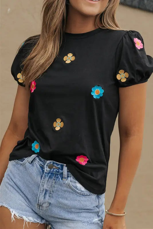 Embroidered flower puff sleeve tee - t-shirts