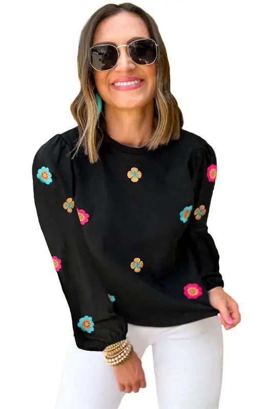 Embroidered flower puff sleeve tee - t-shirts