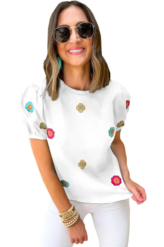 Embroidered flower puff sleeve tee - t-shirts