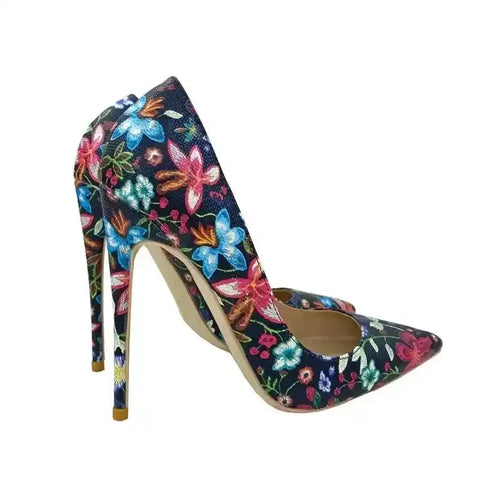 Trendy Embroidered Stilettos Court Shoes with multicolor floral graffiti on fabric PU leather. FashionFitz exclusive high heels for daily or occasion wear.