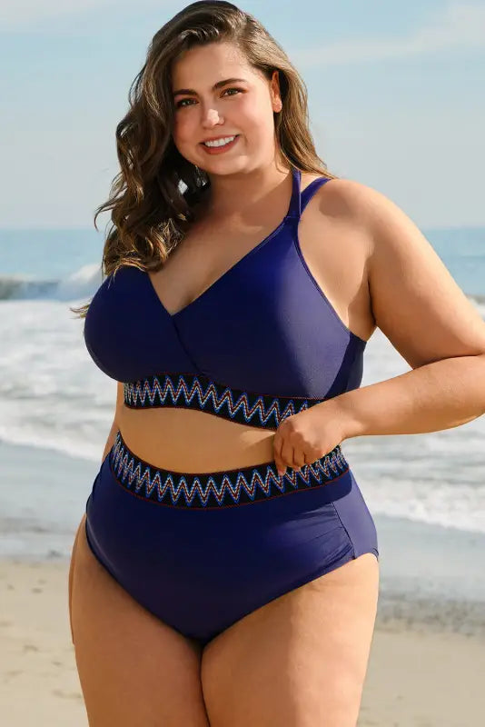 Embroidered high-waist bikini in plus size navy blue