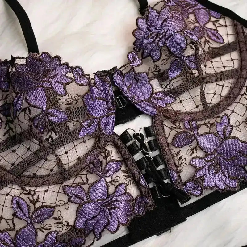 Embroidered Mesh Bustier Set with Metal Chain Shoulder Strap - Fashionfitz