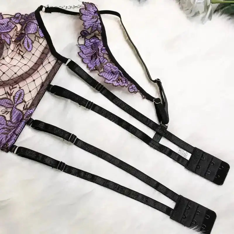 Embroidered Mesh Bustier Set with Metal Chain Shoulder Strap - Fashionfitz