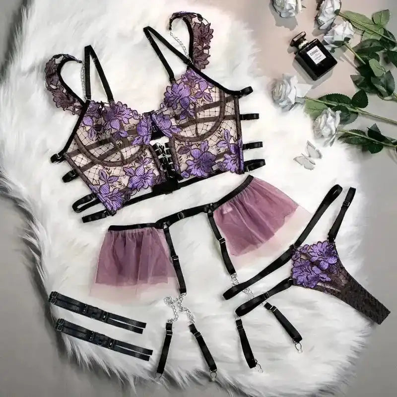 Embroidered Mesh Bustier Set with Metal Chain Shoulder Strap - Fashionfitz