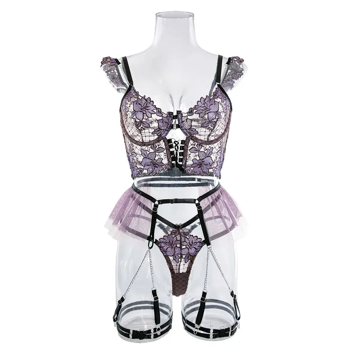 Embroidered mesh bustier set with metal chain shoulder strap - sets