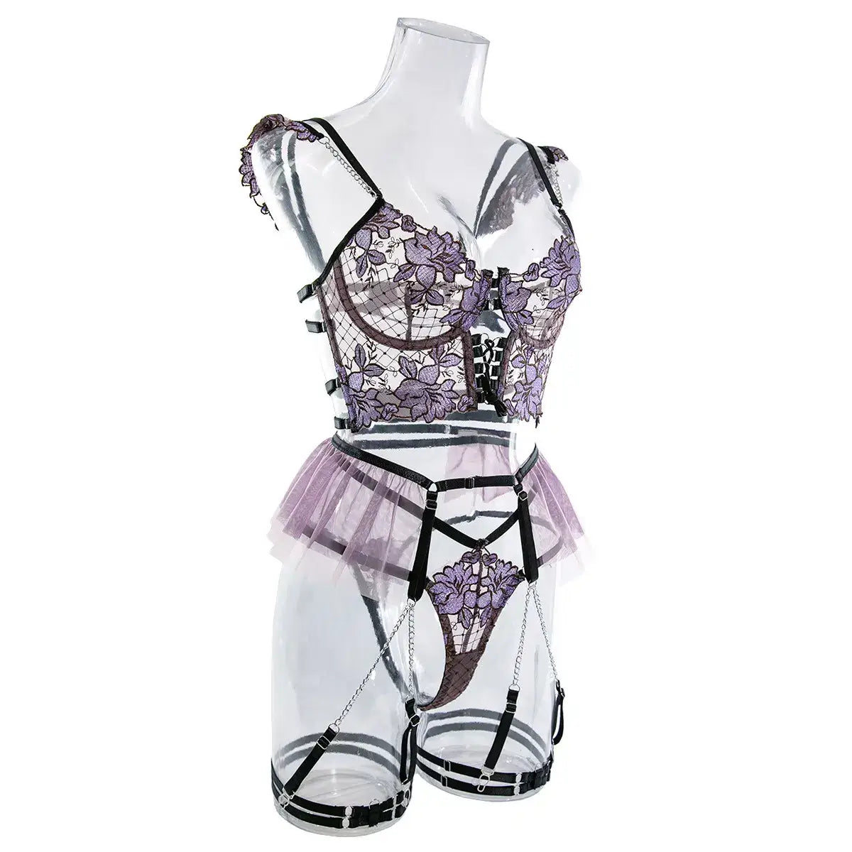 Embroidered mesh bustier set with metal chain shoulder strap - sets